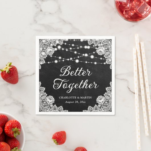 Rustiek Zwart Krijtbord Kant String Lights Bruilof Servet (Insitu)