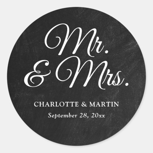 Rustiek zwart krijtbord Mr en Mrs Wedding Ronde Sticker (Voorkant)