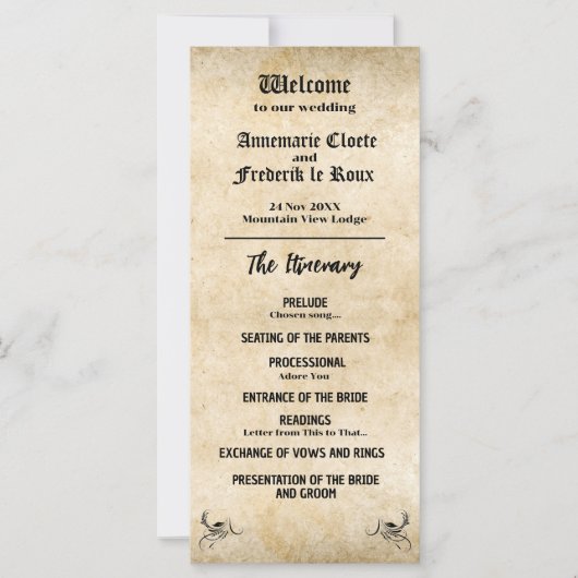 rustiek zwart perkament bruiloft programma (Voorkant)