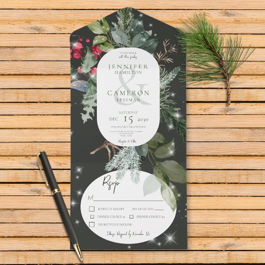Rustiek Zwart Pine & Holly Winter Sparkle Diner All In One Uitnodiging