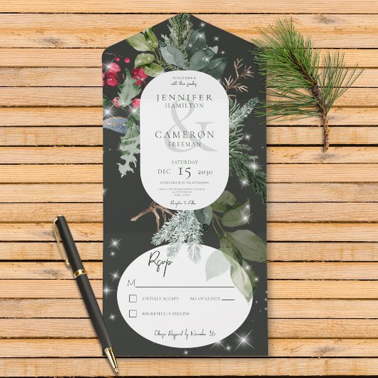 Rustiek Zwart Pine & Holly Winter Sparkle Geen Din All In One Uitnodiging