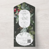 Rustiek Zwart Pine & Holly Winter Sparkle QR Code All In One Uitnodiging (Binnen)