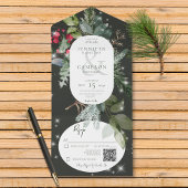 Rustiek Zwart Pine & Holly Winter Sparkle QR Code All In One Uitnodiging