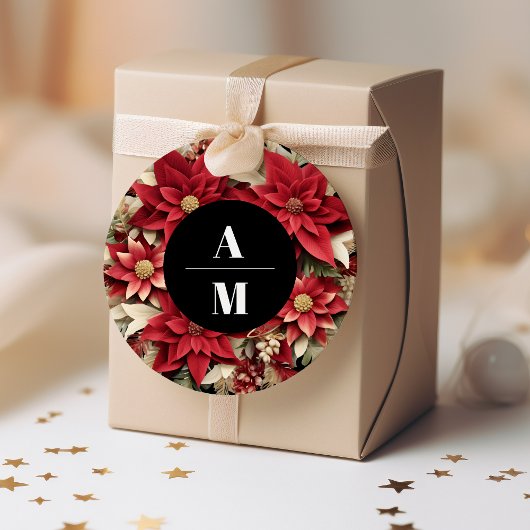 Rustiek Zwart Poinsettia Bloemen Kerstmis Bruiloft Ronde Sticker