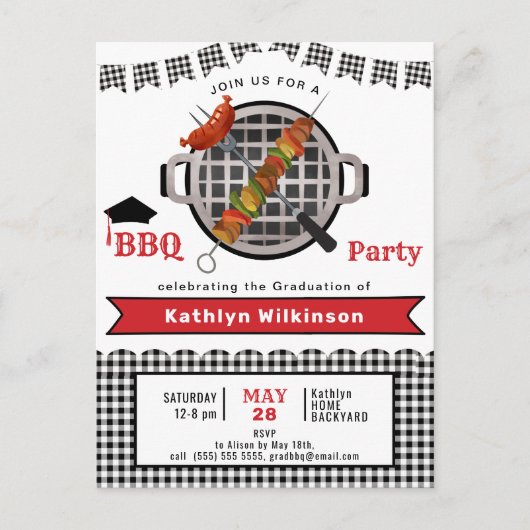 Rustiek Zwart Rood Plaid Foto Afstuderen BBQ Party Uitnodiging Briefkaart (Voorkant)