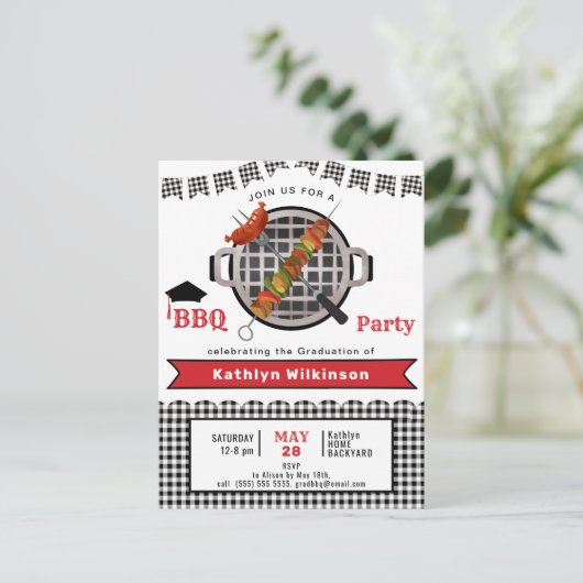 Rustiek Zwart Rood Plaid Foto Afstuderen BBQ Party Uitnodiging Briefkaart (Staand voorkant)