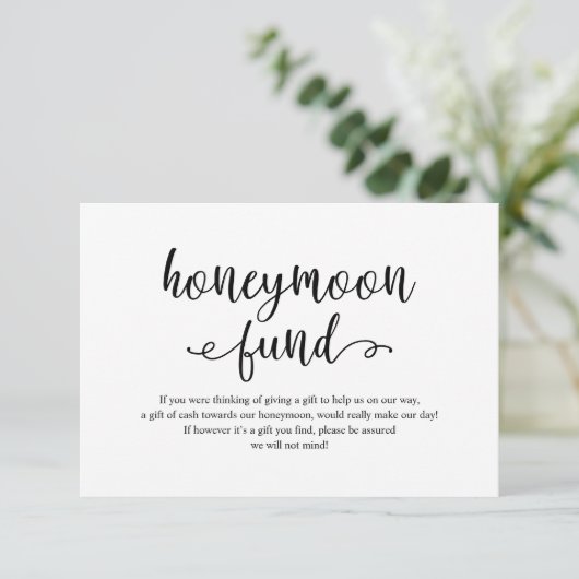 Rustiek zwart script, Wedding Honeymoon Fund wens Informatiekaartje (Staand voorkant)