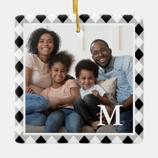 Rustiek zwart-wit Argyle Monogram Foto Keramisch Ornament (Voorkant)