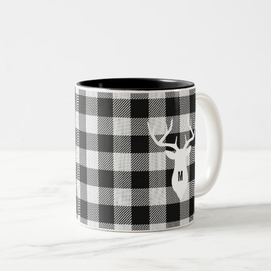 Rustiek Zwart Wit Buffalo Check Herten Monogrammed Tweekleurige Koffiemok (Voorkant rechts)