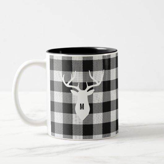 Rustiek Zwart Wit Buffalo Check Herten Monogrammed Tweekleurige Koffiemok (Links)