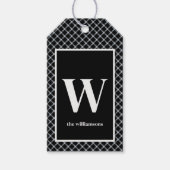 Rustiek zwart & wit geruite monogram cadeaulabel (Voorkant)