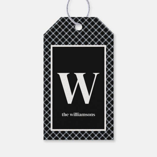Rustiek zwart & wit geruite monogram cadeaulabel (Voorkant)