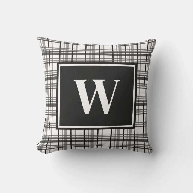 Rustiek zwart & wit geruite monogram kussen (Voorkant)