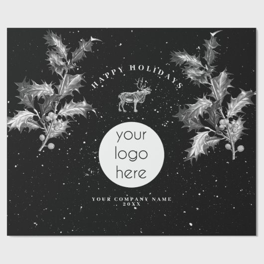 Rustiek Zwart Wit Vakantie Zakelijk Logo Kerst Cadeaupapier (Vlak)
