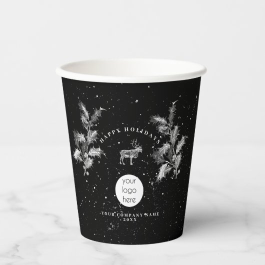 Rustiek Zwart Wit Vakantie Zakelijk Logo Kerst Papieren Bekers (Voorkant)