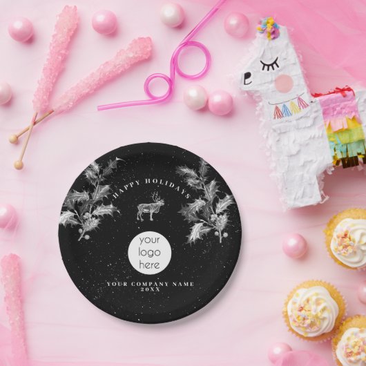 Rustiek Zwart Wit Vakantie Zakelijk Logo Kerst Papieren Bordje (Feest)