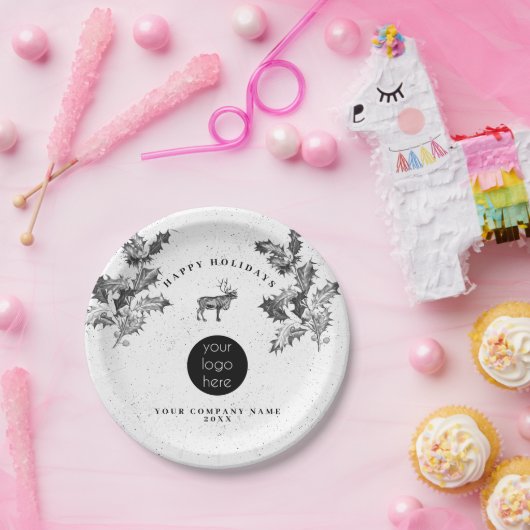 Rustiek Zwart Wit Vakantie Zakelijk Logo Kerst Papieren Bordje (Feest)