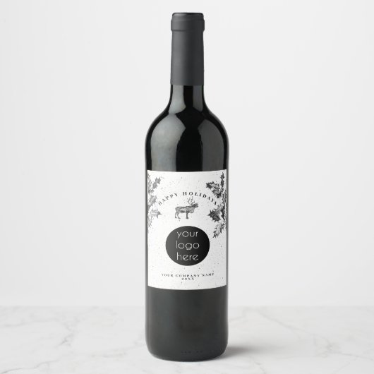 Rustiek Zwart Wit Vakantie Zakelijk Logo Kerst Wijn Etiket (Voorkant)