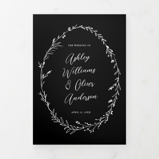 Rustiek Zwart Wit Wildflower Boho Foto Bruiloft Drieluik Uitnodiging (Cover)