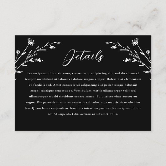 Rustiek Zwart Wit Wildflower bruiloft details Informatiekaartje (Voorkant)