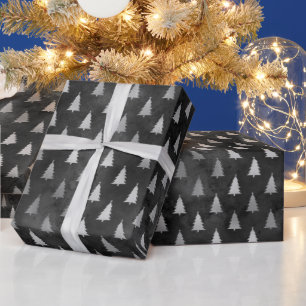 Rustiek zwart zilver kerstbomen patroon cadeaupapier