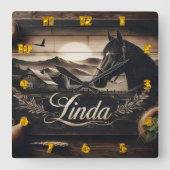 Rustiek Zwarte Paard Portret bij zonsondergang Lan Vierkante Klok (Voorkant)