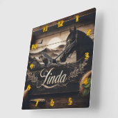 Rustiek Zwarte Paard Portret bij zonsondergang Lan Vierkante Klok (Hoek)