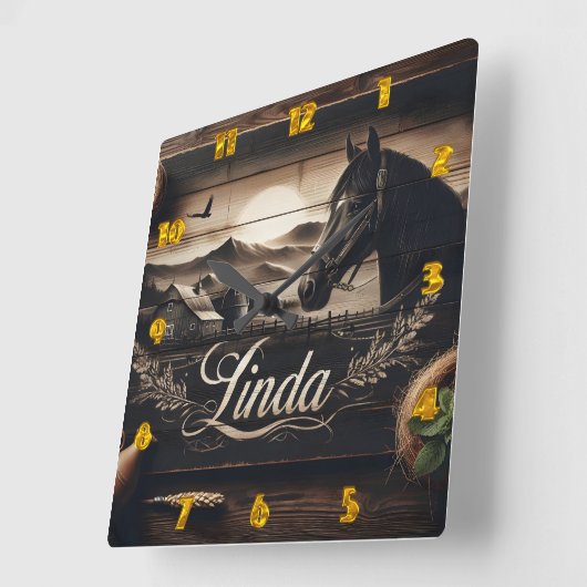 Rustiek Zwarte Paard Portret bij zonsondergang Lan Vierkante Klok (Hoek)