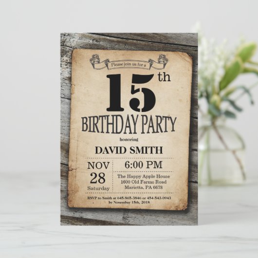 Rustieke 15e Verjaardag Uitnodiging Hout (Staand voorkant)