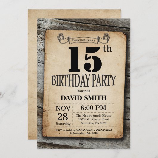Rustieke 15e Verjaardag Uitnodiging  Hout (Voorkant / Achterkant)