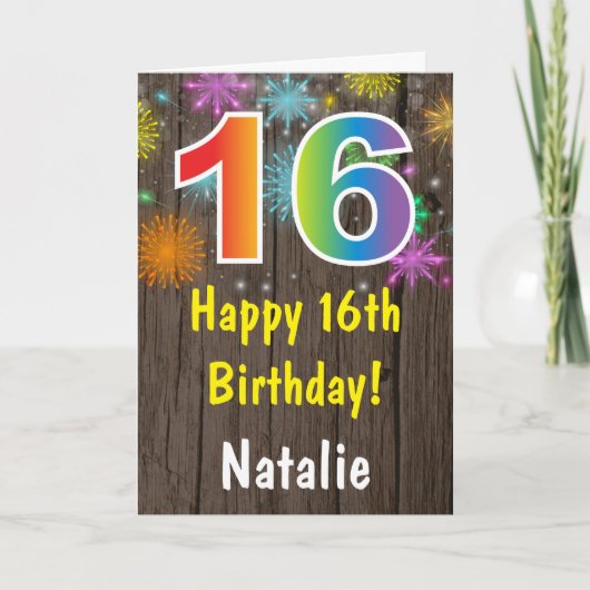 Rustieke 16e verjaardag kleurrijk regenboog vuurwe kaart (Voorkant)