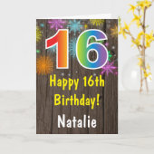 Rustieke 16e verjaardag kleurrijk regenboog vuurwe kaart (Gele Bloem)