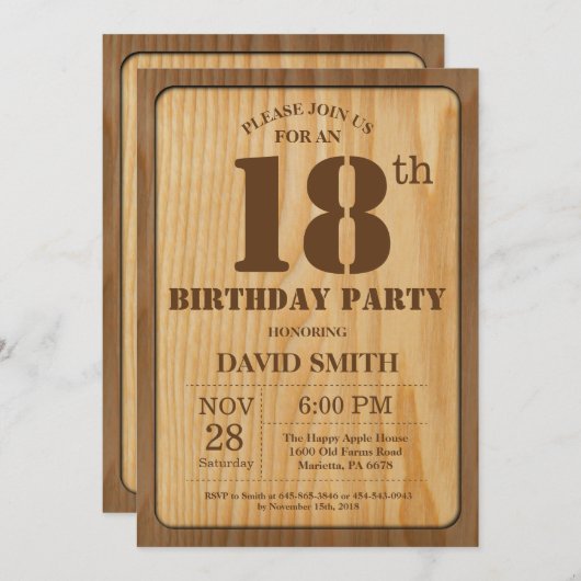 Rustieke 18e Verjaardag Uitnodiging  Hout (Voorkant / Achterkant)