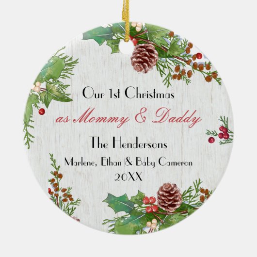 Rustieke 1e Kerst Nieuwe Mama Papa Milestone Foto Keramisch Ornament (Achterkant)