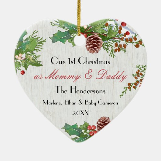 Rustieke 1e Kerstmis Nieuwe Mama & Dady Custom Fot Keramisch Ornament (Achterkant)