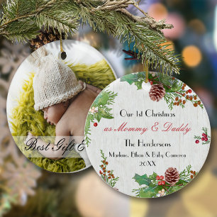 Rustieke 1e Kerstmis Nieuwe Mama & Papa Milestone  Ornament