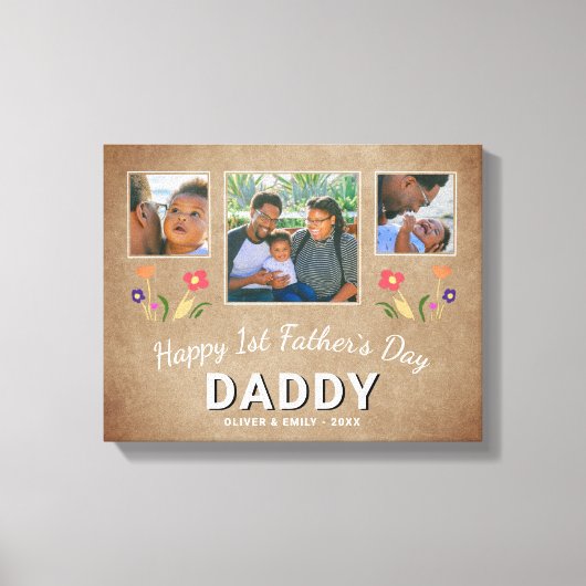 Rustieke 1e Vaderdag Papa Herinnering 3 Foto Canvas Afdruk (Voorkant)