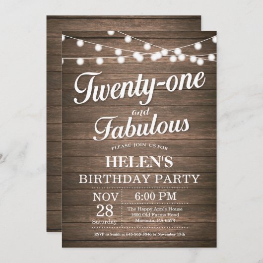 Rustieke 21e verjaardag uitnodiging hout Fabulous (Voorkant / Achterkant)