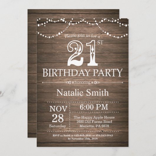 Rustieke 21e verjaardag Uitnodiging String Lights (Voorkant / Achterkant)