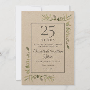 Rustieke 25e zilveren huwelijksjubileum groen save the date