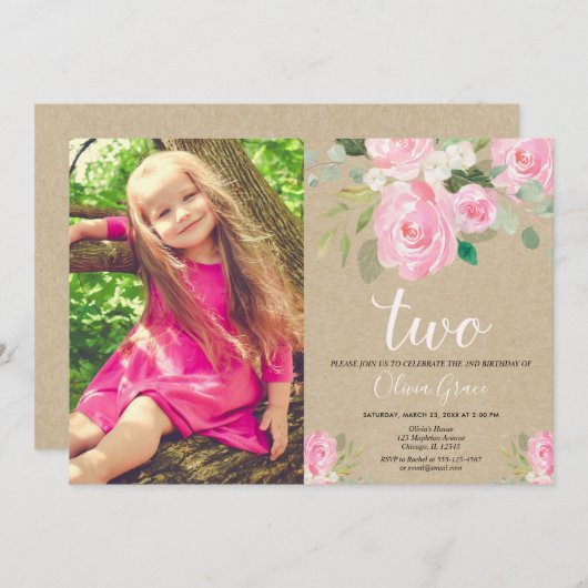 Rustieke 2e verjaardag meisje blush roze bloemenkr kaart (Voorkant / Achterkant)