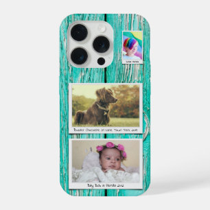 Rustieke 3 foto collage teal blauw groene planken iPhone 15 pro case