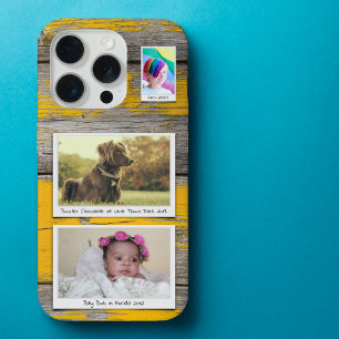 Rustieke 3 fotocollage gele planken iPhone 15 pro case