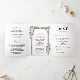 Rustieke 3 in 1 Paarse Waterverf Bloemige Bruiloft Drieluik Uitnodiging