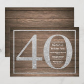 Rustieke 40e verjaardag uitnodiging Zilver Glitter (Voorkant / Achterkant)