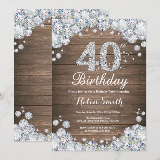 Rustieke 40e verjaardag Zilveren Diamant Kaart (Voorkant / Achterkant)