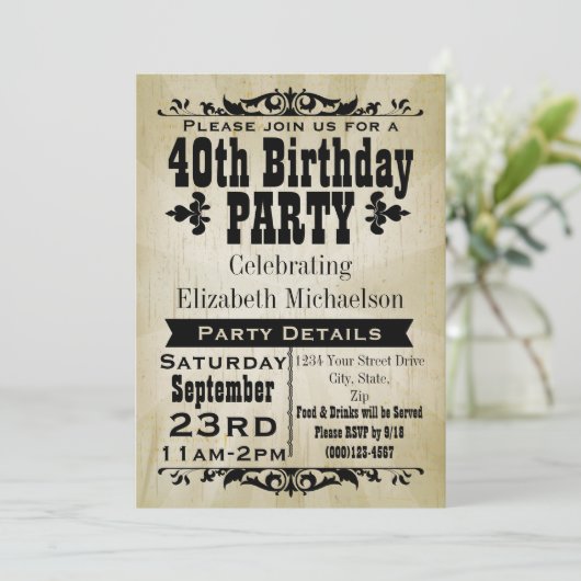 Rustieke 40e Verjaardagsfeestuitnodiging Kaart (Staand voorkant)