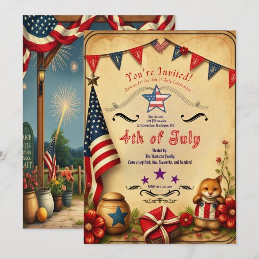 Rustieke 4 juli Uitnodiging Kaart - Patriottisch (Voorkant / Achterkant)