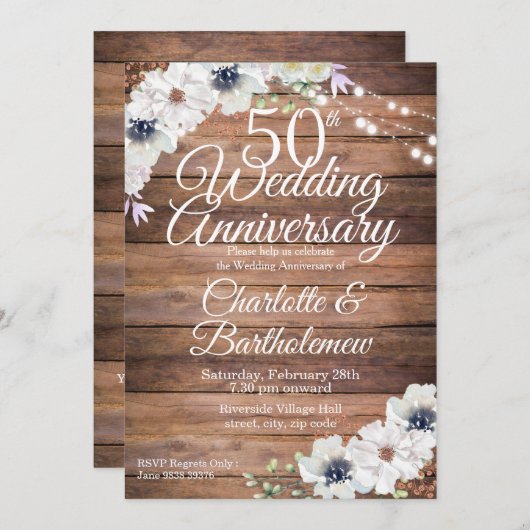 Rustieke 50e bruiloft Jubileum Floral Kaart (Voorkant / Achterkant)