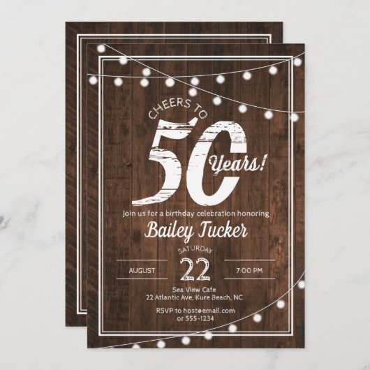 Rustieke 50e verjaardag met String Lights Party Kaart (Voorkant / Achterkant)